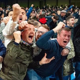 Manchester City v Tottenham Hotspur UEFA Champions League Tottenham Hotspur fans at the final whistle during the second leg of the UEFA Champions League quarter-final match at the Etihad Stadium, Manchester Content Not Available For UK Newspapers Copyright: xMattxWilkinsonx FIL-13126-0106