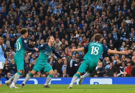 17th April 2019, Etihad Stadium, Manchester, England; UEFA Champions League football, quarter final 2nd leg, Manchester City versus Tottenham Hotspur; Fernando Llorente of Tottenham Hotspur turns away to celebrate after scoring his team s third goal in the 73rd minute  ActionPlus12125058 DavidxBlunsden