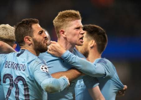 Manchester City v Tottenham Hotspur UEFA Champions League Kevin De Bruyne of Manchester City celebrates after team-mate Sergio Aguero made it 4-2 to their team during the second leg of the UEFA Champions League quarter-final match at the Etihad Stadium, Manchester Content Not Available For UK Newspapers Copyright: xRussellxHartx FIL-13127-0075