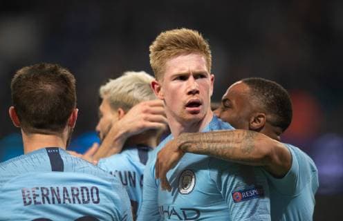 Manchester City v Tottenham Hotspur UEFA Champions League Kevin De Bruyne of Manchester City celebrates after team-mate Sergio Aguero made it 4-2 to their team during the second leg of the UEFA Champions League quarter-final match at the Etihad Stadium, Manchester Content Not Available For UK Newspapers Copyright: xRussellxHartx FIL-13127-0076