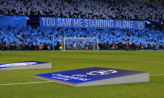 17th April 2019, Etihad Stadium, Manchester, England; UEFA Champions League football, quarter final 2nd leg, Manchester City versus Tottenham Hotspur; Manchester City fans wave flags and hold a banner aloft before the kick off  ActionPlus12125064 DavidxBlunsden
