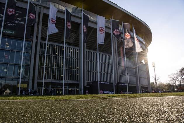 18.04.2019, xkvx, Fußball UEFA Europa League 1 4 Finale, Eintracht Frankfurt - Benfica Lissabon emspor, v.l. Stadion Aussen Aussenansicht Logo (DFL DFB REGULATIONS PROHIBIT ANY USE OF PHOTOGRAPHS as IMAGE SEQUENCES and or QUASI-VIDEO) Frankfurt am Main