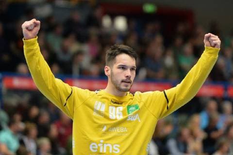 Erik Toepfer (Torwart, EHV Aue) jubelt, EHV Aue vs. HBW Balingen-Weilstetten, 18.04.2019, 2. Handball-Bundesliga, EHV Aue vs.HBW Balingen, Handball, 2. Bundesliga, 18.04.2019 Loessnitz Copyright: xEIBNER BertxHarzerx EP_BHR
