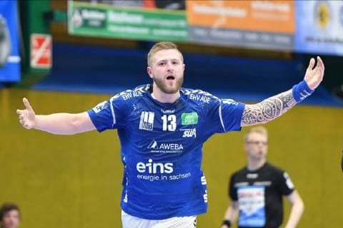 Mindaugas Dumcius (EHV Aue) jubelt, EHV Aue vs. HBW Balingen-Weilstetten, 18.04.2019, 2. Handball-Bundesliga, EHV Aue vs.HBW Balingen, Handball, 2. Bundesliga, 18.04.2019 Loessnitz Copyright: xEIBNER BertxHarzerx EP_BHR