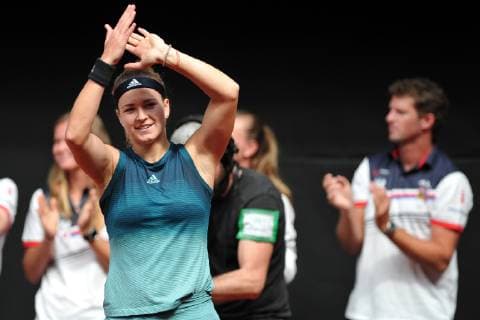April 20, 2019 - Prostejov, Czech Republic - Karolina Muchova of the Czech Republic celebrate after winnig game during the Fed Cup play-off round between Czech Republic and Canada in Prostejov in the Czech Republic. Tennis 2019: Fed Cup playoffs Czech Republic vs Canada - ZUMAr156 20190420_zap_r156_001 Copyright: xSlavekxRutax