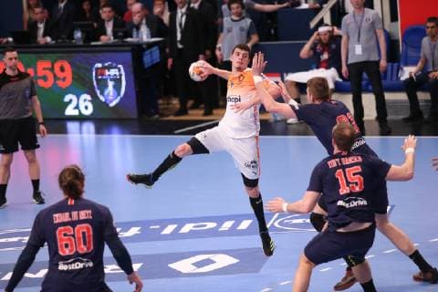 Handball, Paris St. Germain feiert französische Meisterschaft Kyllian Villeminot (Montpellier) HANDBALL : Lidl Starligue - 21eme journee - Paris Saint-Germain HB vs Montpellier HB - 20 04 2019 KevinDomas Panoramic 