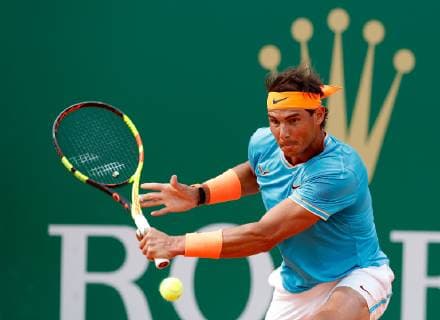 (190421) -- ROQUEBRUNE CAP MARTIN, April 21, 2019 -- Rafael Nadal of Spain hits a return during the men s singles semifinal match against Fabio Fognini of Italy at the Monte-Carlo Rolex Masters tennis tournament in Roquebrune Cap Martin, France, April 20, 2019. Fabio Fognini won 2-0. ) (SP)FRANCE-ROQUEBRUNE CAP MARTIN-TENNIS-MONTE-CARLO MASTERS NicolasxMarie 