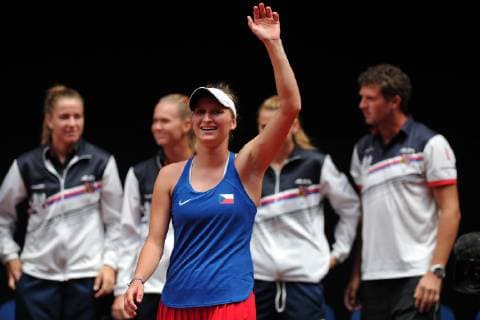 April 21, 2019 - Prostejov, Czech Republic - Marketa Vondrousova of the Czech Republic celebrate after winnig game during the Fed Cup play-off round between Czech Republic and Canada in Prostejov in the Czech Republic. Tennis 2019: Fed Cup playoffs Czech Republic vs Canada - ZUMAr156 20190421_zap_r156_001 Copyright: xSlavekxRutax
