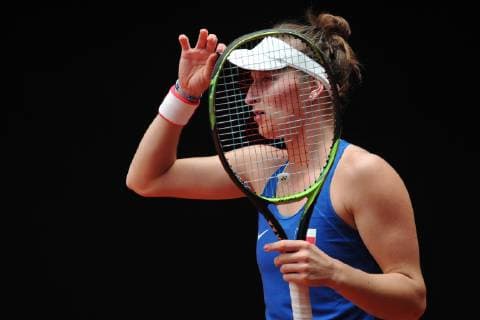 April 21, 2019 - Prostejov, Czech Republic - Marketa Vondrousova of the Czech Republic during the Fed Cup play-off round between Czech Republic and Canada in Prostejov in the Czech Republic. Tennis 2019: Fed Cup playoffs Czech Republic vs Canada - ZUMAr156 20190421_zap_r156_004 Copyright: xSlavekxRutax