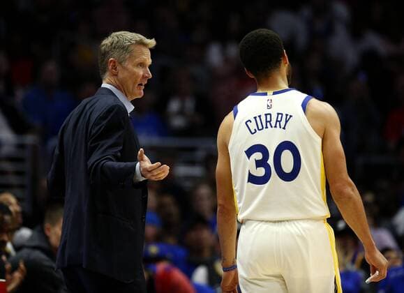 April 21, 2019 - Los Angeles, California, U.S - Golden State Warriors head coach Steve Kerr talks with Golden State Warriors Stephen Curry (30) during an NBA Basketball Herren USA basketball playoffs round one game between Los Angeles Clippers and Golden State Warriors Sunday, April 21, 2019, in Los Angeles. The Warriors won 113-105. NBA 2019 Playoffs: Warriors 113:105 Clippers - ZUMAc68_ 20190421_zaf_c68_024 Copyright: xRingoxChiux