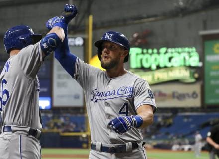 April 22, 2019 - St. Petersburg, Florida, U.S. - MONICA HERNDON Times.Kansas City Royals leftfielder Alex Gordon (4) celebrates a homerun with Kansas City Royals first baseman Ryan O Hearn (66) during the first inning of the Tampa Bay Rays game against the Kansas City Royals at Tropicana Field on April 22, 2019 in St. Petersburg, Florida. Florida News - April 22, 2019 - ZUMAs70_ 90856006st Copyright: xMonicaxHerndonx