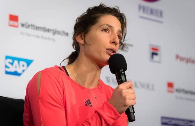 April 23, 2019 - Stuttgart, GERMANY - Andrea Petkovic of Germany talks to the media after her first-round match at the 2019 Porsche Tennis Grand Prix WTA Tennis Damen Premier tennis tournament 2019, Tennis, Stuttgart, Porsche Tennis Grand Prix, Germany, Apr 23 - ZUMAa181 20190423_zaa_a181_156 Copyright: xAFP7x
