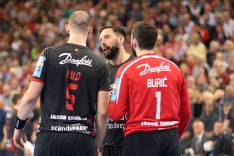 SG Flensburg-Handewitt vs Telekom Veszprem HC, Handball, EHF Champions League Viertelfinale, 24.04.19 Benjamin Buric (SG Flensburg-Handewitt, 01), Simon Hald Jensen (SG Flensburg-Handewitt, 05), Tobias Karlsson (SG Flensburg-Handewitt, 03)