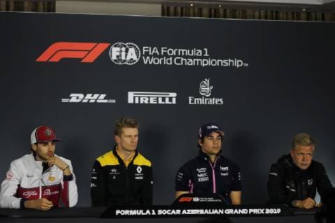 Photo4 LaPresse 25 04 2019 Baku, Azerbaijan Grand Prix Formula One Azerbaijan 2019 In the pic: press conference PK Pressekonferenz with : Antonio Giovinazzi (ITA) Alfa Romeo Racing C38, Nico Hulkenberg (GER) Renault Sport F1 Team RS19 , Lance Stroll (CDN) Racing Point F1 Team RP19, Kevin Magnussen (DEN) Haas F1 Team VF-19  Copyright: xPhoto4 LaPressex