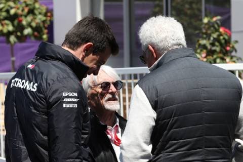 Photo4 LaPresse 27 04 2019 Baku, Azerbaijan Grand Prix Formula One Azerbaijan 2019 In the pic: Toto Wolff (GER) Mercedes AMG F1 Shareholder and Executive Director, Bernie Ecclestone (GBR) and Lawrence Stroll (CAN) Racing Point F1 Team Investor  Copyright: xPhoto4 LaPressex