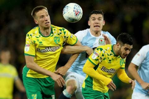 27th April 2019, Carrow Road, Norwich, England; EFL Championship football, Norwich City versus Blackburn Rovers; Darragh Lenihan of Blackburn Rovers battles for a header with Marco Stiepermann of Norwich City  ActionPlus12128057 ShaunxBrooks