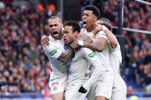 JOIE - 13 DANI ALVES (PSG) - 10 NEYMAR JR (PSG) - 03 PRESNEL KIMPEMBE (PSG) FOOTBALL : Rennes vs Paris SG - Coupe de France - Finale - 27 04 2019 FEP Panoramic 