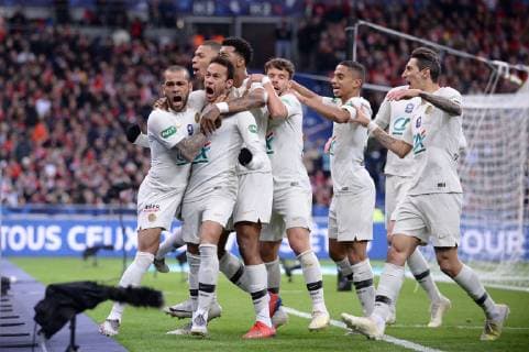 jOIE - 13 DANI ALVES (PSG) - 10 NEYMAR JR (PSG) - 31 Colin DAGBA (psg) - 11 Angel DI MARIA (psg) FOOTBALL : Rennes vs Paris SG - Coupe de France - Finale - 27 04 2019 FEP Panoramic 