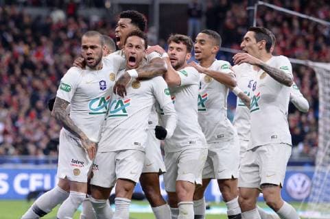 jOIE - 13 DANI ALVES (PSG) - 10 NEYMAR JR (PSG) - 03 Presnel KIMPEMBE (psg) - 14 JUAN BERNAT (PSG) - 31 Colin DAGBA (psg) - 11 Angel DI MARIA (psg) FOOTBALL : Rennes vs Paris SG - Coupe de France - Finale - 27 04 2019 FEP Panoramic 