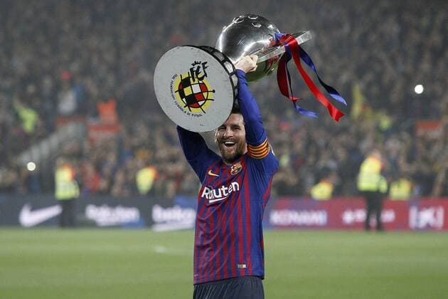 FC Barcelona Barca s Leo Messi celebrates the victory in La Liga 2018 2019. April 27,2019.  (2019042755)
