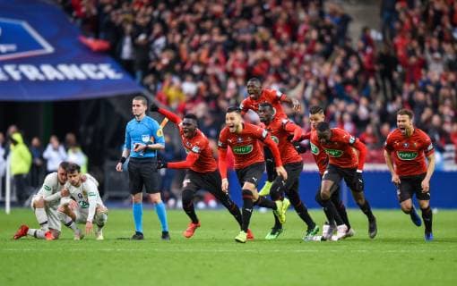 Joie des joueurs de l equipe Rennes - Ramy Bensebaini ( Rennes ) - Deception de Marco Verrati ( PSG ) - Juan Bernat ( PSG ) FOOTBALL : Stade Rennais vs Paris Saint Germain - Finale Coupe de France - 27 04 2019 FedericoPestellini Panoramic 