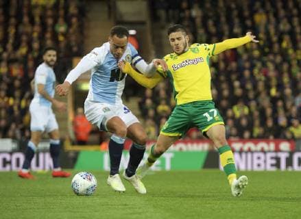 Norwich City v Blackburn Rovers Sky Bet Championship Elliott Bennett of Blackburn Rovers and Emi Buendia of Norwich City during the Sky Bet Championship match at Carrow Road, Norwich Content Not Available For UK Newspapers Copyright: xAlanxStanfordx FIL-13173-0145