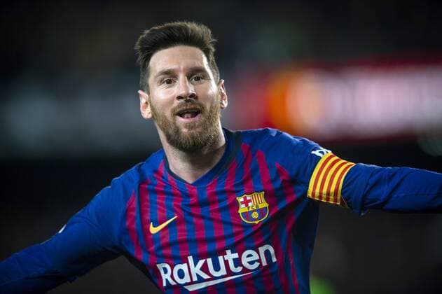 Lionel Messi of FC Barcelona Barca celebrates after scoring a goal against Levante UD during their 35th round match of the La Liga 2018-2019 season at Camp Nou Stadium in Barcelona, Spain, 27 April 2019. Barcelona edges out Levante to win La Liga champion  bjl9044614