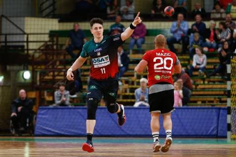 27.04.2019, xtgx, Handball 3. Liga Nord, SC Magdeburg YoungsterS - HSV Hannover emspor, v.l. Justin Kurch (Magdeburg) Jubel, Torjubel, jubelt über das Tor, celebrate the goal, celebration Magdeburg