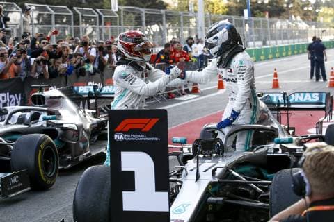 Motorsports: FIA Formula One World Championship WM Weltmeisterschaft 2019, Grand Prix of Azerbaijan, 44 Lewis Hamilton (GBR, Mercedes AMG Petronas Motorsport), 77 Valtteri Bottas (FIN, Mercedes AMG Petronas Motorsport), Baku Azerbaijan