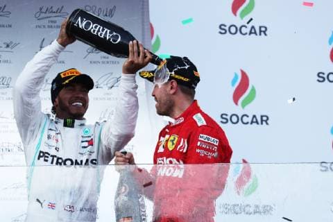 Photo4 LaPresse 28 04 2019 Baku, Azerbaijan Grand Prix Formula One Azerbaijan 2019 In the pic: podium: 2nd position Lewis Hamilton (GBR) Mercedes AMG F1 W10 3rd position Sebastian Vettel (GER) Scuderia Ferrari SF90  Copyright: xPhoto4 LaPressex