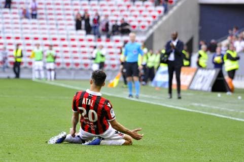 Joie - Youcef Atal (OGC Nice) FOOTBALL : OGC Nice vs EA Guingamp - Ligue 1 conforama - Nice - 28 04 2019 NorbertScanella Panoramic 
