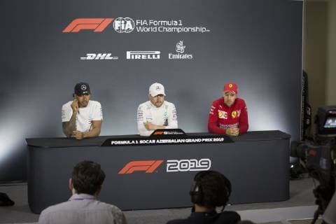 Motorsports: FIA Formula One World Championship WM Weltmeisterschaft 2019, Grand Prix of Azerbaijan, 44 Lewis Hamilton (GBR, Mercedes AMG Petronas Motorsport), 77 Valtteri Bottas (FIN, Mercedes AMG Petronas Motorsport), 5 Sebastian Vettel (GER, Scuderia Ferrari Mission Winnow), Baku Azerbaijan