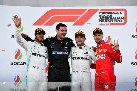 Lewis Hamilton; Valtteri Bottas; Mercedes Grand Prix, Sebastian Vettel, Scuderia Ferrari, formula 1 GP, Baku Aserbaidschan 28.04.2019 Photo:mspb Jerry Andre Podium, Lewis Hamilton; Valtteri Bottas; Sebastian Vettel, formula 1 GP, Aserbaidschan