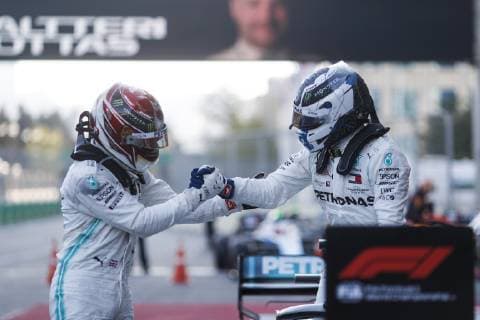 April 28, 2019 - Baku, Azerbaijan - LEWIS HAMILTON of Mercedes AMG Petronas Motorsport and VALTTERI BOTTAS of Mercedes AMG Petronas Motorsport celebrates after the Formula 1 Azerbaijan Grand Prix at Baku City Circuit in Baku, Azerbaijan. Formula 1 Azerbaijan Grand Prix - Bottas wins - ZUMAg147 20190428_zap_g147_029 Copyright: xJamesxGasperottix