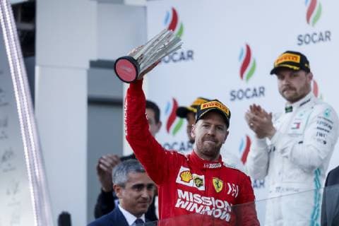 April 28, 2019 - Baku, Azerbaijan - SEBASTIAN VETTEL of Scuderia Ferrari Mission Winnow on the podium after the Formula 1 Azerbaijan Grand Prix at Baku City Circuit in Baku, Azerbaijan. Formula 1 Azerbaijan Grand Prix - Bottas wins - ZUMAg147 20190428_zap_g147_037 Copyright: xJamesxGasperottix