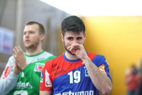 Enttaeuschte Balinger Spieler nach der Niederlage in Huettenberg, von links: Tomas Mrkva, Juan de la Pena Morales TV Huettenberg vs HBW Balingen-Weilstetten, Handball, 2. Bundesliga, 28.04.2019 TV Huettenberg vs HBW Balingen-Weilstetten, Handball, 2. Bundesliga, 28.04.2019 Huettenberg Copyright: xWeissx Eibner-Pressefotox EP_rws