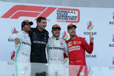 Lewis Hamilton; Valtteri Bottas; Mercedes Grand Prix, Sebastian Vettel, Scuderia Ferrari, formula 1 GP, Baku Aserbaidschan 28.04.2019 Photo:mspb Lukas Gorys Podium, Lewis Hamilton; Valtteri Bottas; Sebastian Vettel, formula 1 GP, Aserbaidschan