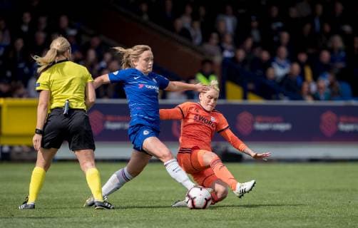 Erin Cuthbert of Chelsea & Jess Fishlock (on loan from Reign FC) of Olympique Lyonnais Feminin (FC Lyon) during the UEFA Women s Champions League semi-final 2nd leg match between Chelsea Women and Olympique Lyonnais Feminin at the Cherry Red Records Stadium, Kingston, England on 28 April 2019. Copyright: xAndyxRowlandx PMI-2789-0024