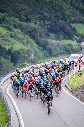 Das Fahrerfeld Peloton waehrend der 5.Etappe der Tour of the Alps 2019 - hier im Anstieg nach Klobenstein Collalbo - Landschaft - Landscape - Feature - Natur - Hintergrund - Illustration - Impression - Uebersichtsbild - kompaktes Fahrerfeld - Aktion Rennszene - Hochformat - hoch - hochkant - vertkal - Event Veranstaltung: 43. Tour of the Alps - 5.Etappe Stage 5: Caldaro Kaltern to Bolzano Bozen 147.8 km - Ort Location: Bozen - Region: Trentino - Land Country: Italien Italy - Datum Date: 26.04.2019 Cycling Radsport 43. Tour of the Alps - 5.Etappe 26.04.2019