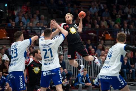 Lübbecke, Deutschland 28.04.2019: 2. Handball Bundesliga - 2018 2019 - TuS-N-Lübbecke vs. Dessau Roßlauer HV (M) Dener Jaanimaa (Lübbecke) Lübbecke Nordrhein-Westfalen Deutschland Merkur Arena