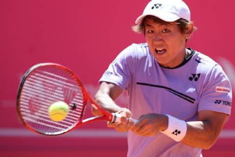 April 29, 2019 - Estoril, Portugal - Yoshihito Nishioka of Japan returns a ball to Mackenzie McDonald of USA during the Millennium Estoril Open - Day 1 - ATP Tennis Herren 250 tennis tournament at the Clube de Tenis do Estoril in Estoril, Portugal on April 29, 2019. Estoril Open 2019 - Day 1  - ZUMAn230 20190429_zaa_n230_168 Copyright: xPedroxFiuzax