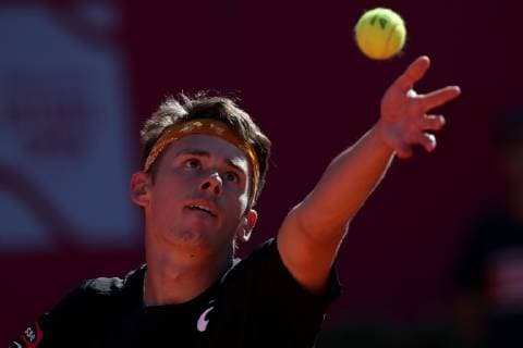 April 29, 2019 - Estoril, Portugal - Alex de Minaur of Australia serves a ball to Joao Domingues of Portugal during the Millennium Estoril Open - Day 1 - ATP Tennis Herren 250 tennis tournament at the Clube de Tenis do Estoril in Estoril, Portugal on April 29, 2019. Estoril Open 2019 - Day 1  - ZUMAn230 20190429_zaa_n230_263 Copyright: xPedroxFiuzax