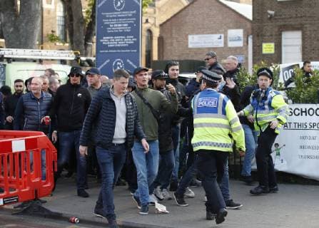 Ajax fans confront police with batons drawn before the UEFA Champions League match at the Tottenham Hotspur Stadium, London. Picture date: 30th April 2019. Picture credit should read: David Klein Sportimage EDITORIAL USE ONLY. No use with unauthorised audio, video, data, fixture lists, club league logos or live services. Online in-match use limited to 120 images, no video emulation. No use in betting, games or single club league player publications. SPI-0063-0012