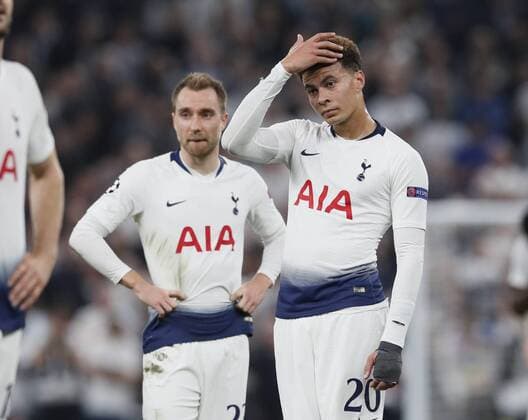 Dejected Tottenham players Christian Eriksen and Dele Alli during the UEFA Champions League match at the Tottenham Hotspur Stadium, London. Picture date: 30th April 2019. Picture credit should read: David Klein Sportimage EDITORIAL USE ONLY. No use with unauthorised audio, video, data, fixture lists, club league logos or live services. Online in-match use limited to 120 images, no video emulation. No use in betting, games or single club league player publications. SPI-0063-0062