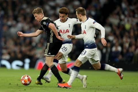 30th April 2019, Tottenham Hotspur Stadium, London, England; UEFA Champions League football, semi final 1st leg, Tottenham Hotspur versus Ajax; Dele Alli of Tottenham Hotspur challenges Frenkie de Jong of Ajax  ActionPlus12129090 ShaunxBrooks