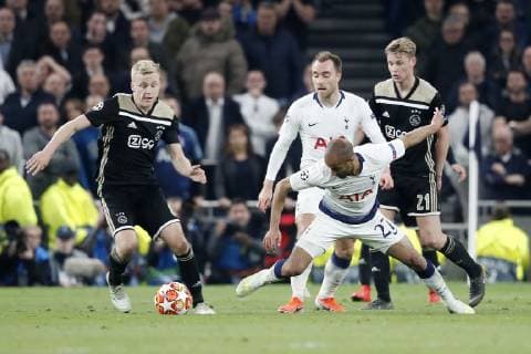 LONDON Football, 30-04-2019, season 2018 2019 , Tottenham Stadium . Semi final Champions League first leg. Ajax player Donny van de Beek, Tottenham Hotspur player Christian Eriksen, Tottenham Hotspur player Lucas Moura and Ajax player Frenkie de Jong during the game Tottenham Hotspur - Ajax Tottenham Hotspur - Ajax  x3292650x