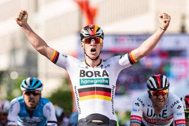 01.05.2019, xmhx, Radsport Skoda Velotour, Radrennen - Eschborn-Frankfurt 2019 emspor, v.l. Pascal Ackermann (Bora Hansgrohe) gewinnt vor John Degenkolb (Trek Segafredo) und Alexander Kristoff (UAE Team Emirates) (DFL DFB REGULATIONS PROHIBIT ANY USE OF PHOTOGRAPHS as IMAGE SEQUENCES and or QUASI-VIDEO) Frankfurt am Main