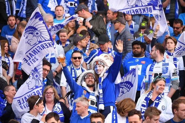 BRUSSELS, BELGIUM - MAY 1 : Supporters Fans showing their colors during the Croky Cup final match between KAA Gent and KV Mechelen in the King Baudouin Stadium on May 01, 2019 in Brussels, Belgium, 1 05 2019 FOOTBALL : KAA Gent v KV Mechelen - Croky Cup finale - 01 05 2019 PHOTONEWS PANORAMIC 