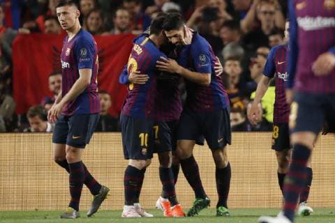 (l-r) Clement Lenglet of FC Barcelona Barca Lionel Messi of FC Barcelona, Luis Suarez of FC Barcelona during the UEFA Champions League semi final match between FC Barcelona and Liverpool FC at Camp Nou on May 01, 2019 in Barcelona, Spain UEFA Champions League 2018 2019 xVIxVIxImagesx xMauricexvanxSteenxIVx 14342378