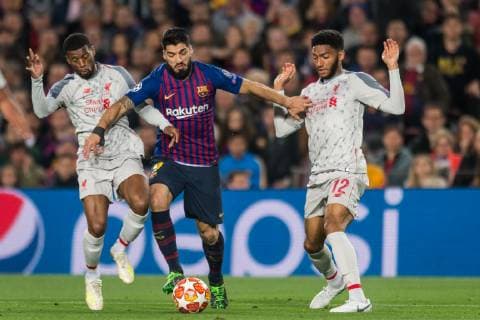 Barcelona, Spain, 01.05.2019, UEFA Champions League - 2018 19 Season, Halblfinale, 2. Runde, FC Barcelona Barca - FC Liverpool, Georginio Wijnaldum (Liverpool), Luis Suarez (Barcelona) and Joe Gomez (Liverpool) battle for the ball ( DeFodi059